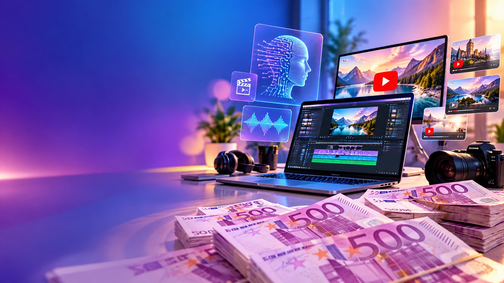 Chronologie de montage vidéo sur un ordinateur portable, à côté d'un graphique de revenus YouTube et d'étiquettes représentant les revenus publicitaires, l'affiliation, les partenariats et le travail pour des clients.